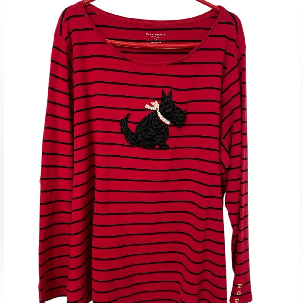 Charter Club Red and Black Striped Dog Beaded Top in Size 3X - Picture 2 of 7